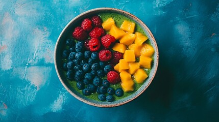 Delicious and Healthy Tropical Fruit Smoothie Bowl with Mango, Raspberries, and Blueberries