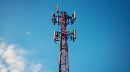 Obraz premium A tall red cellular tower stands tall against a vibrant blue sky with a few fluffy white clouds visible.