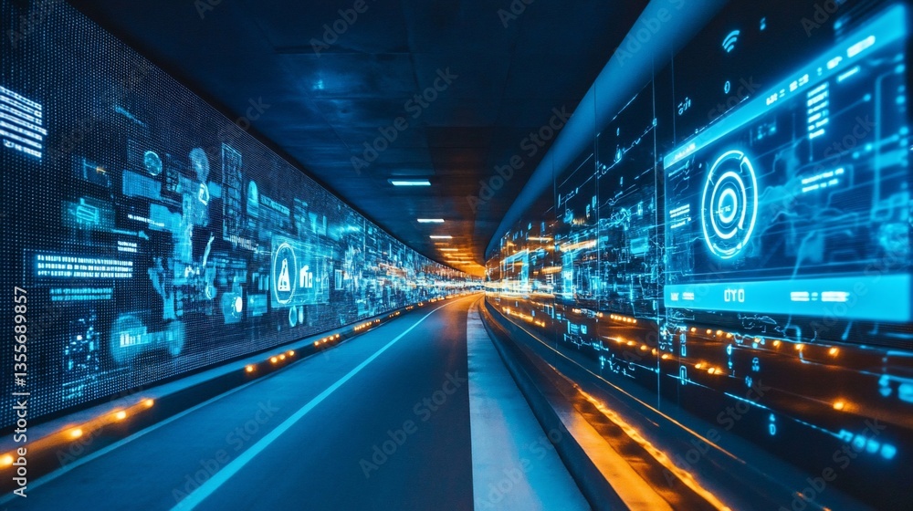 Poster digital tunnel: illuminated highway with futuristic data displays on both sides