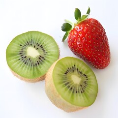 high resolution image of two freshly slices of kiwifruit and strawberry on isolated white background 