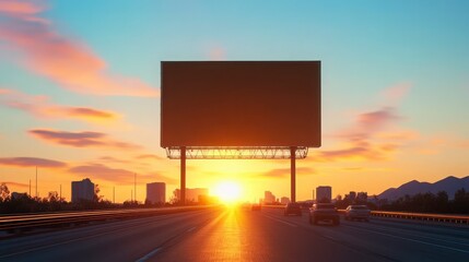 Bright Sunset Over Highway with Billboard and Urban Landscape