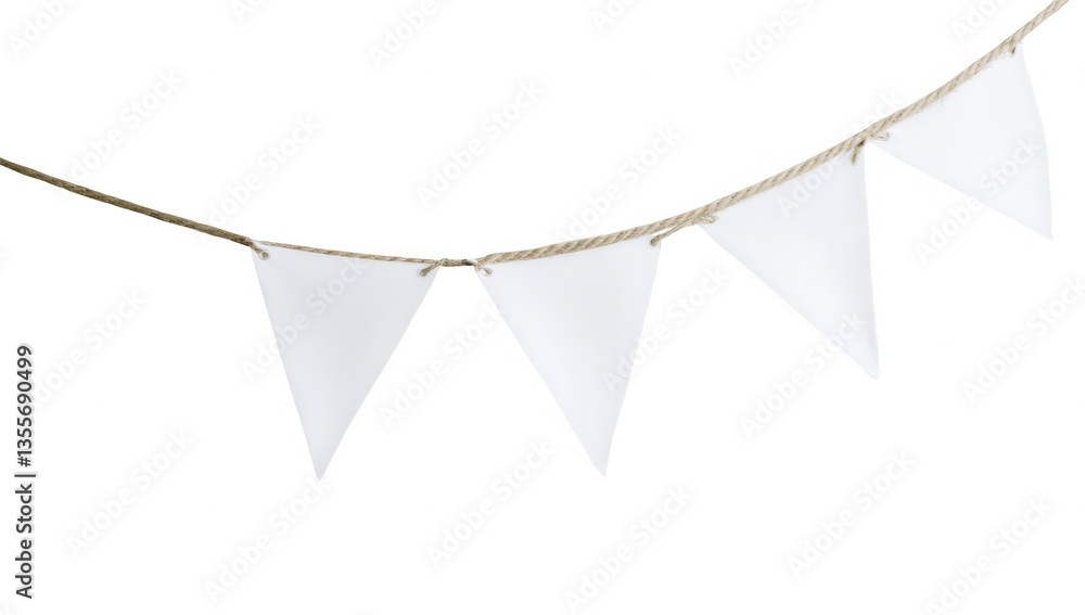 Poster a string of white triangular pennants hanging from a rope against a plain background typically used 