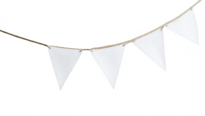 a string of white triangular pennants hanging from a rope against a plain background typically used for decoration at events or celebrations