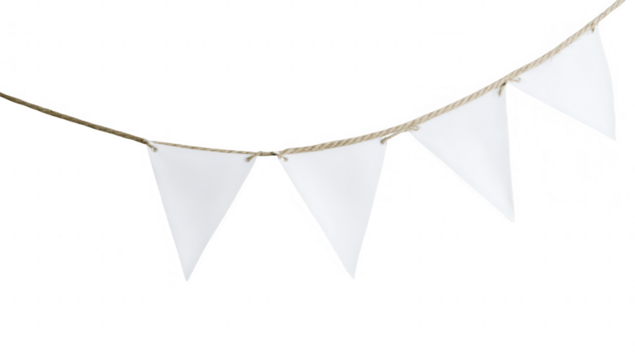 a string of white triangular pennants hanging from a rope against a plain background typically used for decoration at events or celebrations