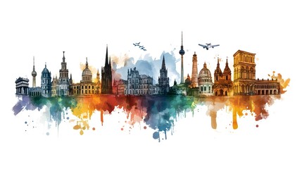 Fototapeta premium Watercolor illustration of europe's iconic landmarks and urban scenes