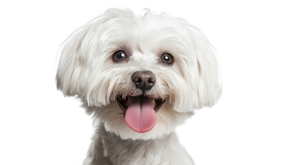 Obraz premium a cheerful white dog with fluffy fur and a joyful expression showcasing its playful nature the background is plain emphasizing the dog's features and personality