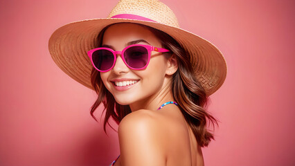 Portrait of a female with straw hat and sunglasses in abstract pink background
