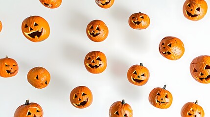 Floating Carved Halloween Pumpkins with Cheerful Expressions Against a Bright White Background