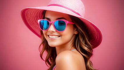 Portrait of a female with straw hat and sunglasses in abstract pink background