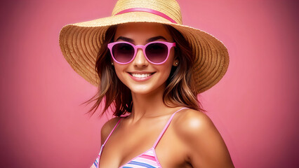 Portrait of a female with straw hat and sunglasses in abstract pink background