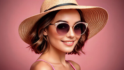 Portrait of a female with straw hat and sunglasses in abstract pink background