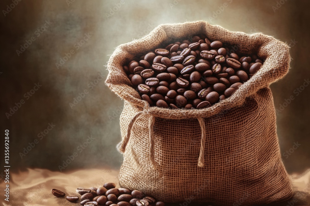 Poster burlap sack overflowing with fresh roasted coffee beans in warm tones, representing coffee productio
