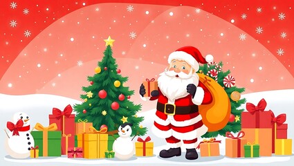 Santa Claus with Gifts, Christmas Celebration Scene, Festive Holiday Illustration, Merry Christmas Vector - Santa with Presents and Holiday Decorations, Christmas Cheer Santa Claus Holding Background
