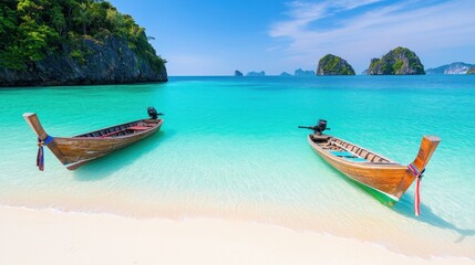 Obraz premium Exploring turquoise waters scenic beach with traditional boats tropical paradise vibrant landscape aerial view