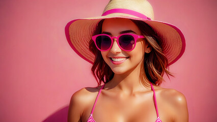 Portrait of a female with straw hat and sunglasses in abstract pink background