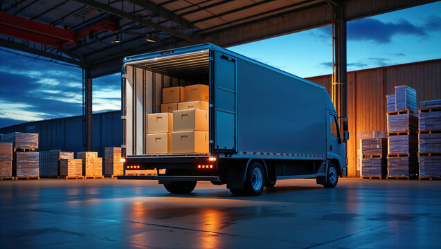 A modern delivery truck parked at a warehouse loading dock during twilight. The truck&rsquo;s back doors are open, revealing neatly stacked cardboard boxes inside, illuminated by warm interior lighting.
