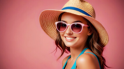 Portrait of a female with straw hat and sunglasses in abstract pink background
