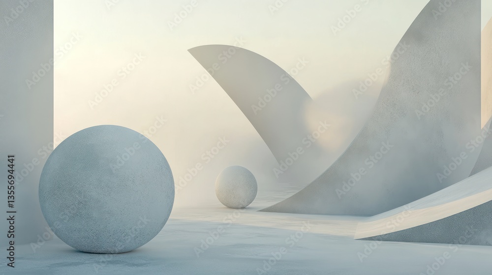 Poster minimalist abstract 3d rendering of white spheres and curved shapes in a foggy, bright space.