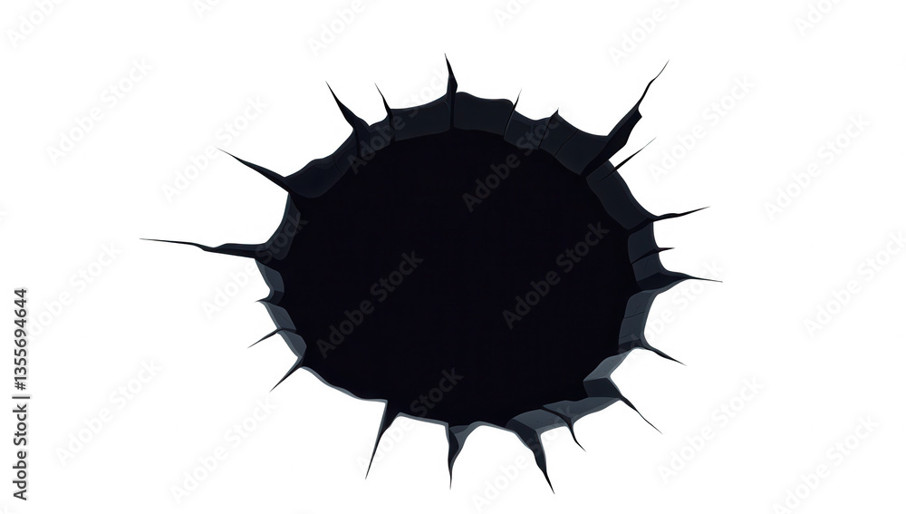 Poster circular hole with jagged edges suggesting a break or rupture in a surface the stark contrast betwee