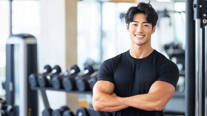 日本人 男性 ムキムキ 筋肉 パーソナル トレーナー スマイル ジム バストショット 黒 灰色 白 背景