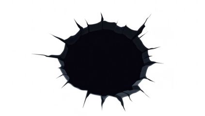 circular hole with jagged edges suggesting a break or rupture in a surface the stark contrast between the black hole and the white background emphasizes the void