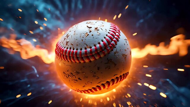 Exploding baseball surrounded by flames and particles in high-speed sports motion