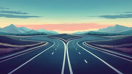 Naklejka premium Scenic Straight Highway Splitting in Two Different Curved Roads Concept