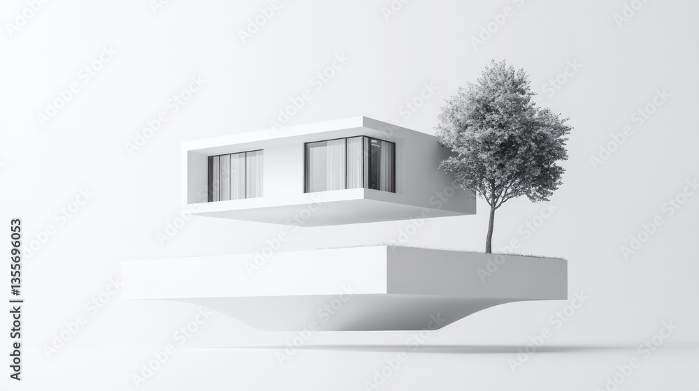 Poster minimalist floating house model with tree, isolated on white background.
