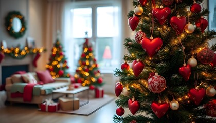 Cozy Christmas Living Room with Decorated Tree and Heart Ornaments