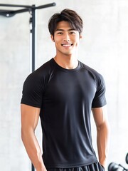 日本人 男性 ムキムキ 筋肉 パーソナル トレーナー スマイル ジム バストショット 黒 灰色 白 背景