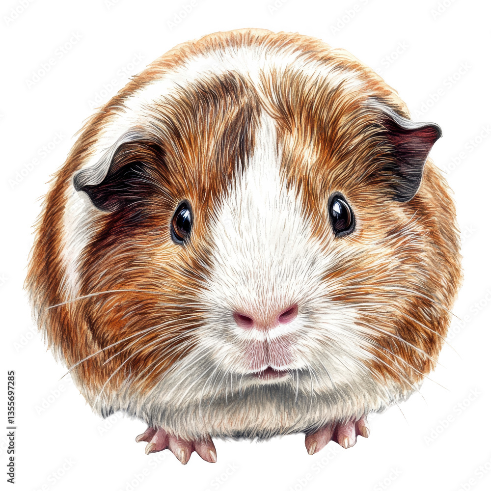 Poster a guinea pig showcasing its round shape and distinctive fur patterns. animal's expressive eyes and s