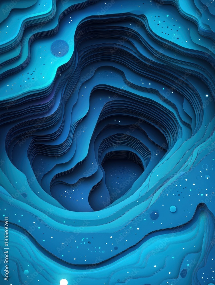 Poster High-tech blockchain concept featuring interconnected network nodes in layered paper cut style with glowing blue elements Generative AI