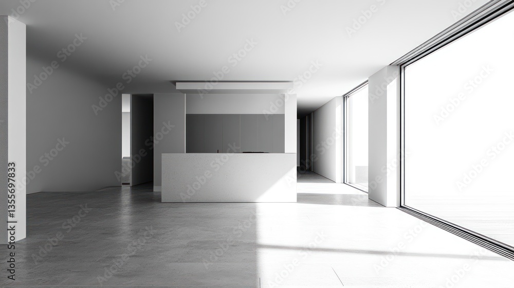 Poster minimalist modern empty apartment interior with large windows and concrete floor.
