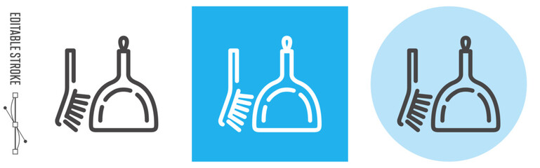 掃除・片づけ、ブラシ・ちり取り｜ライン・アイコン [線の編集可能]