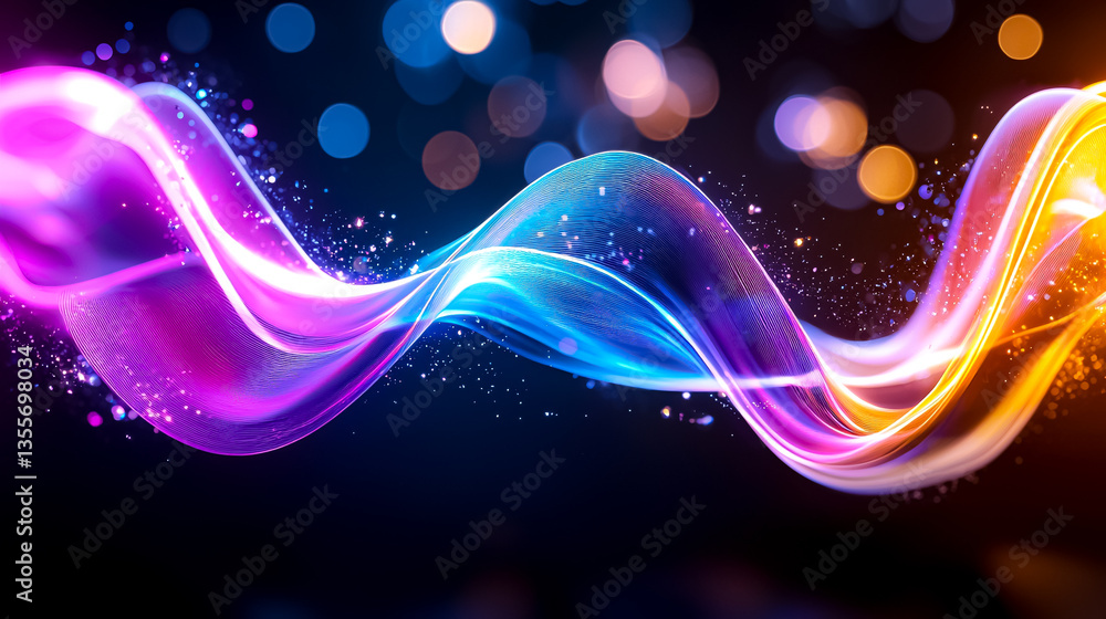 Poster vibrant flowing wave pattern in vivid colors creating a sense of movement and energy on a dark backg