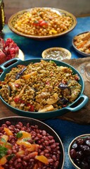Green mung bean with baked vegetables, vegan food. Top view