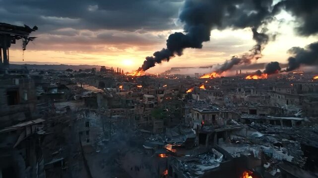 Post-Apocalyptic City Ruins with Fire and Smoke