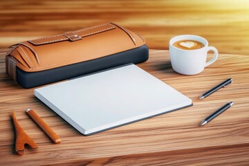 Stylish Workspace with Notebook, Coffee Cup, and Leather Bag
