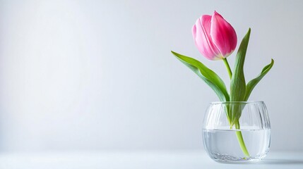 Single Pink Tulip in Glass Vase on Light Background