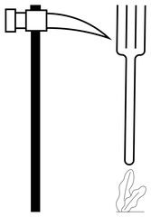 Hoe and rake displayed in bold minimal design beside sprouting plant. Ideal for gardening, agriculture, sustainability, organic farming, simplicity themes, DIY, growth metaphor, flat simple metaphor