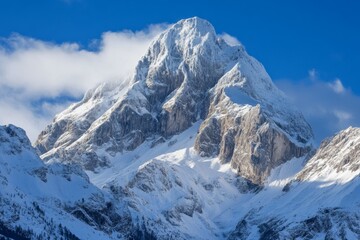 Majestic snow-capped mountain peak under a vibrant blue sky.