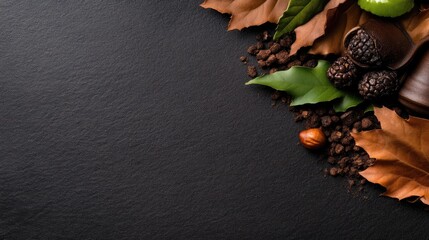 Autumnal chocolate confectionery arrangement on dark slate