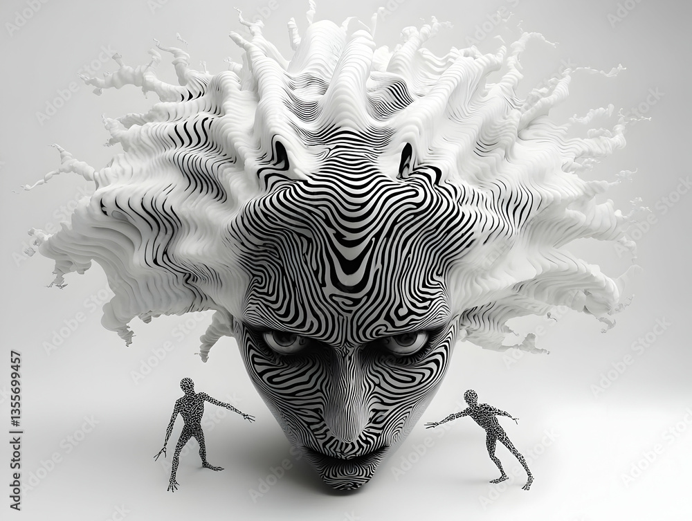 Poster abstract 3d render of a face with intricate black and white lines