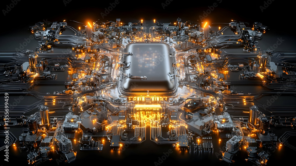 Poster abstract 3d render of a glowing central processing unit with intricate circuitry