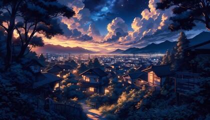 Sunset on the background of the city, anime wallpaper