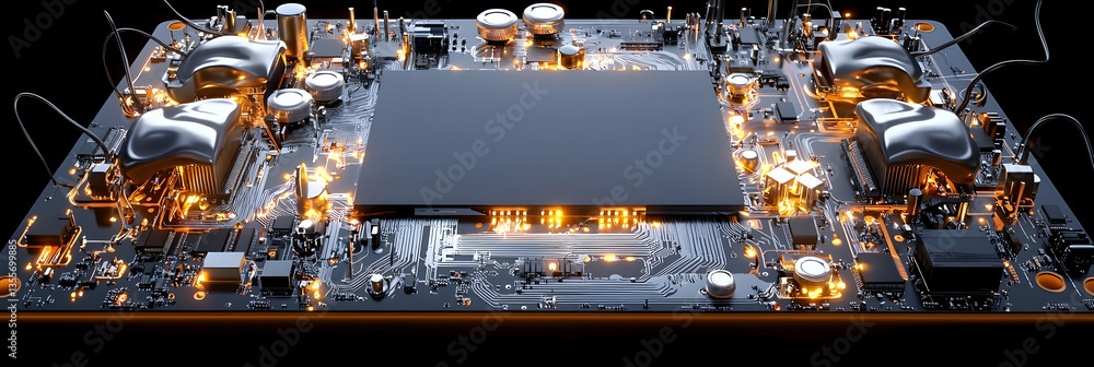 Poster abstract 3d rendering of a circuit board with glowing orange sparks