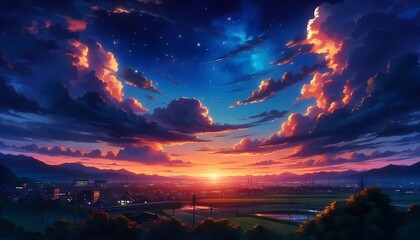 Sunset on the background of the city, anime wallpaper