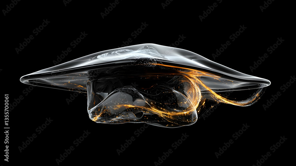Poster abstract 3d rendering of translucent object with orange glowing particles