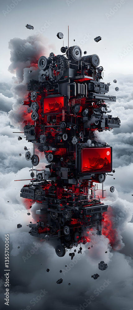 Poster abstract 3d rendering of red and black geometric shapes floating in clouds