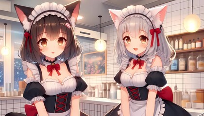 Cute anime catgirls on cafe background, anime background